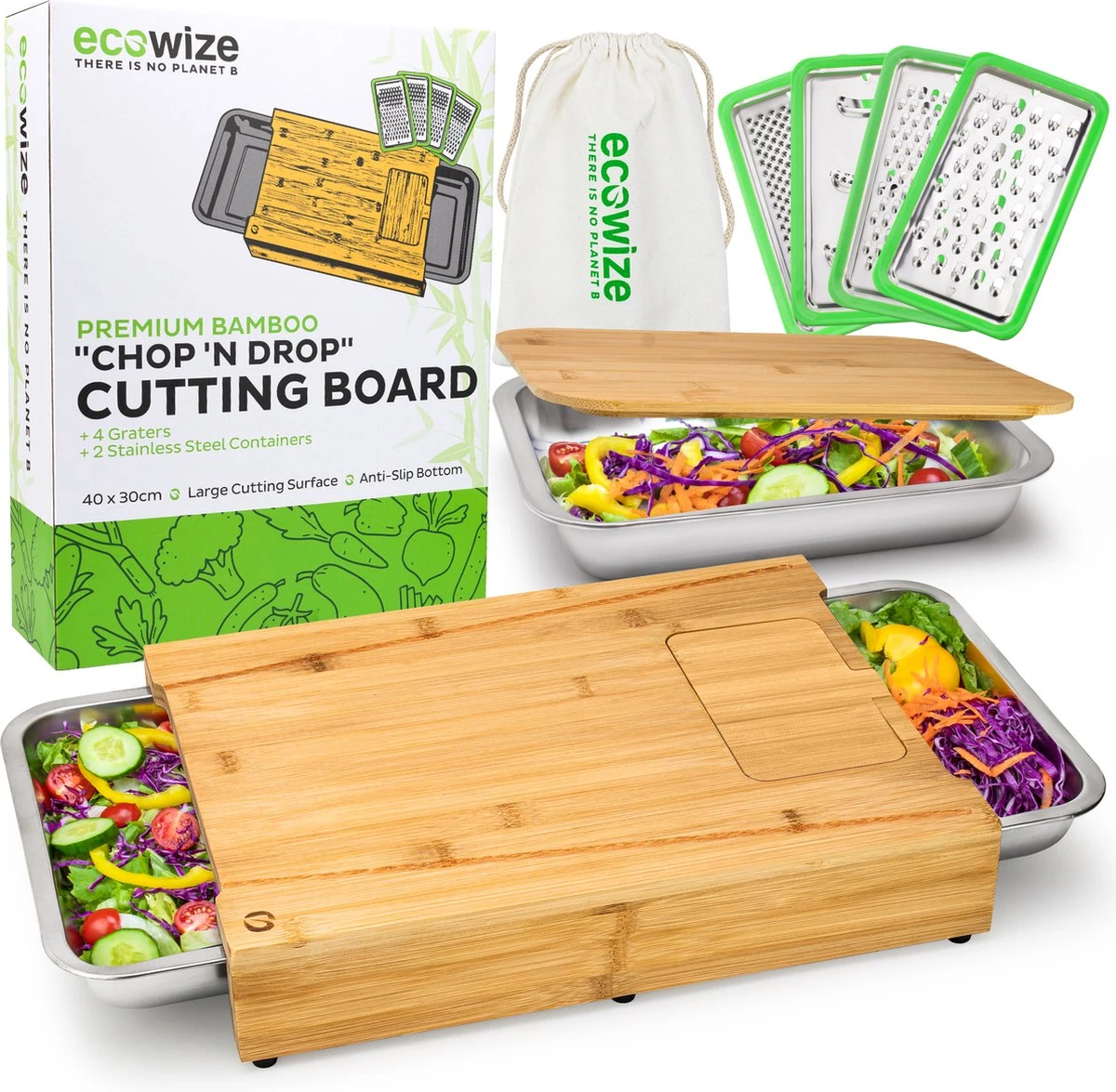 Ecowize 3-in-1 Bamboe Snijplank Met Opvangbak - Snijplank Hout Incl. 3 Roestvrijstalen Opvangbakjes Met Bamboe Deksel, 4 Inzetbare Raspen - Groentesnijder, Hakblok, Borrelplank, Tapasplank, Broodplank - 40x30cm - Duurzaam Cadeau