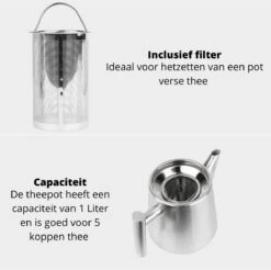 Castagnola Theepot Met Filter – Theekan – Theepot Dubbelwandig – Theepot Roestvrijstaal – Hoogwaardig RVS – 1 Liter – 5 Kopjes Thee – Zilver 13 Castagnola Theepot Met Filter – Theekan – Theepot Dubbelwandig – Theepot Roestvrijstaal – Hoogwaardig RVS – 1 Liter – 5 Kopjes Thee – Zilver -Keukenseries Speciaal Winkel 1200x1195 4
