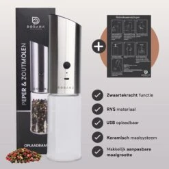 DODANA Premium Peper - & Zoutmolen Elektrisch - 1 Stuk - Pepermolen - Zoutmolen - Oplaadbaar - USB - Elektrische Pepermolen - RVS - Zwaartekracht Functie - LED Lamp - Nl Handleiding - Incl Borsteltje -Keukenseries Speciaal Winkel 1200x1199 9