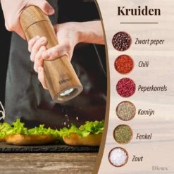 Dieux® - Peper En Zoutmolen Set - Cilinder Vorm - 22CM - Zout Peper Kruiden - 2 Stuks - Acacia Hout - Instelbare Maalgraad - Duurzaam - Luxe Kwaliteit - Hervulbaar - Pepermolen - Zoutmolen - BBQ Accesoires - Pasen -Keukenseries Speciaal Winkel 1200x1200 1046