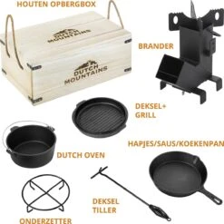 Dutch Mountains Gietijzeren Pannenset 7-delig - Dutch Oven – Braadpan - Grillpan - Hapjespan - Kookset In Houten Transportkist - Deksellifter - Brander -Keukenseries Speciaal Winkel 1200x1200 320