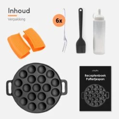 Ocina Poffertjespan – Combo Pack – 19 Poffertjes – Poffertjesmaker – Poffertjespan Inductie – Poffertjespan Electrisch – Gietijzeren Pan - Inclusief Doseerfles, Handvaten, 6x Poffertjesvorken En Invetkwast – Gratis Receptenboek -Keukenseries Speciaal Winkel 1200x1200 720