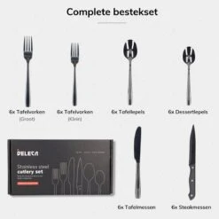 Deleca 6 Persoons Bestekset (36-delig) - Lepels, Messen, Vorken & Steakmessen - Vaatwasserbestendig - Zwart / RVS -Keukenseries Speciaal Winkel 1200x1200 960