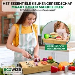 Ecowize 3-in-1 Bamboe Snijplank Met Opvangbak - Snijplank Hout Incl. 3 Roestvrijstalen Opvangbakjes Met Bamboe Deksel, 4 Inzetbare Raspen - Groentesnijder, Hakblok, Borrelplank, Tapasplank, Broodplank - 40x30cm - Duurzaam Cadeau -Keukenseries Speciaal Winkel 1200x1200 999
